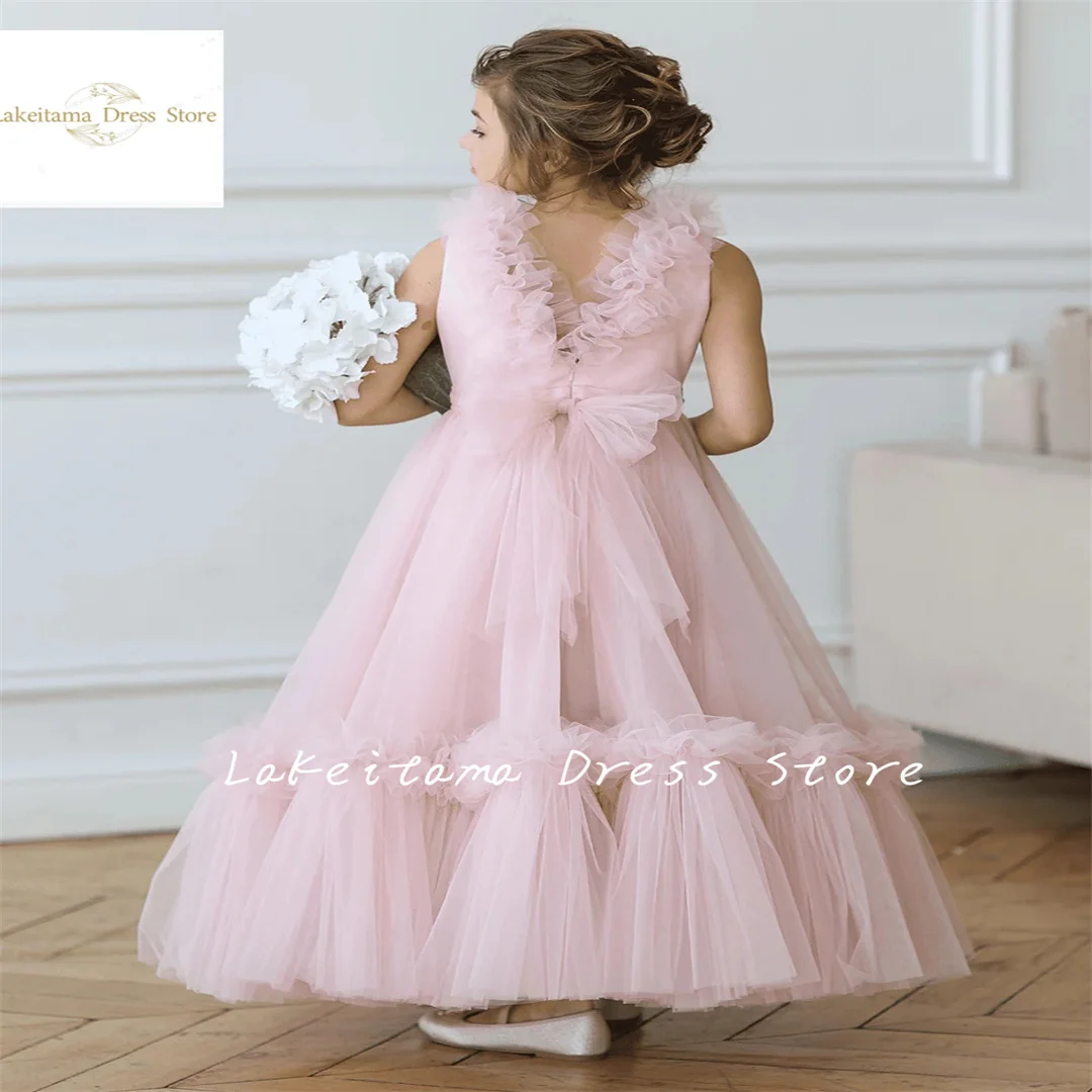 

Puffy Flower Girl Dresses for Weddings with Train Evening Party Pageant First Communion Bow Cute Princess Kids Ball Gowns