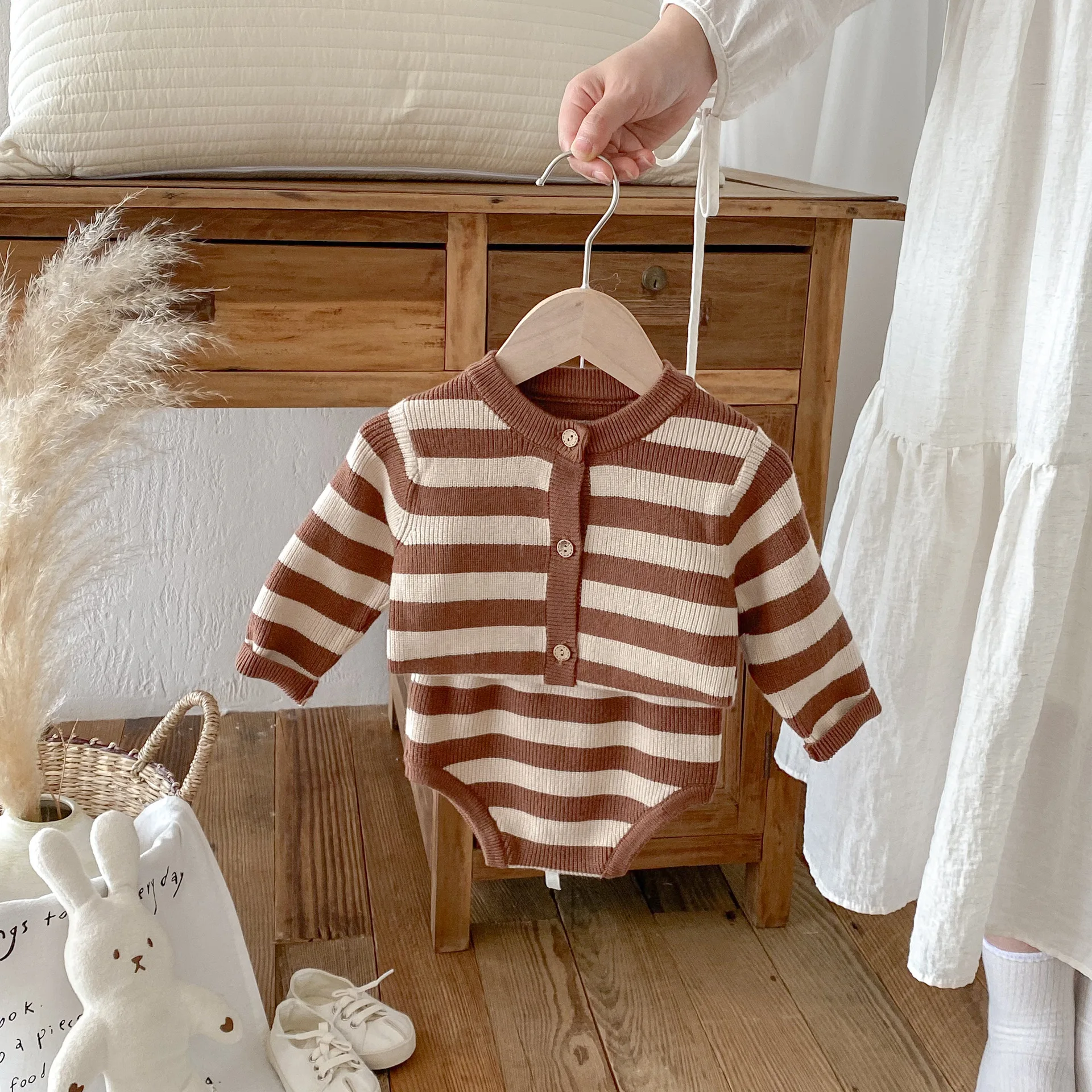 2025 Autumn New Striped Knitted Sweater Coat+Short Casual Boy's Knitted Two-piece Suit Korean Baby Clothing Set