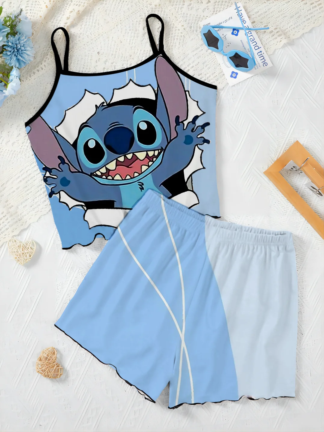 Stitch Sla Trim Luxe Elegante Dames Sets Slip Dress Pyjama Rok T-Shirt Top Disney Stukken Kort 2-delig Pak Disney Home