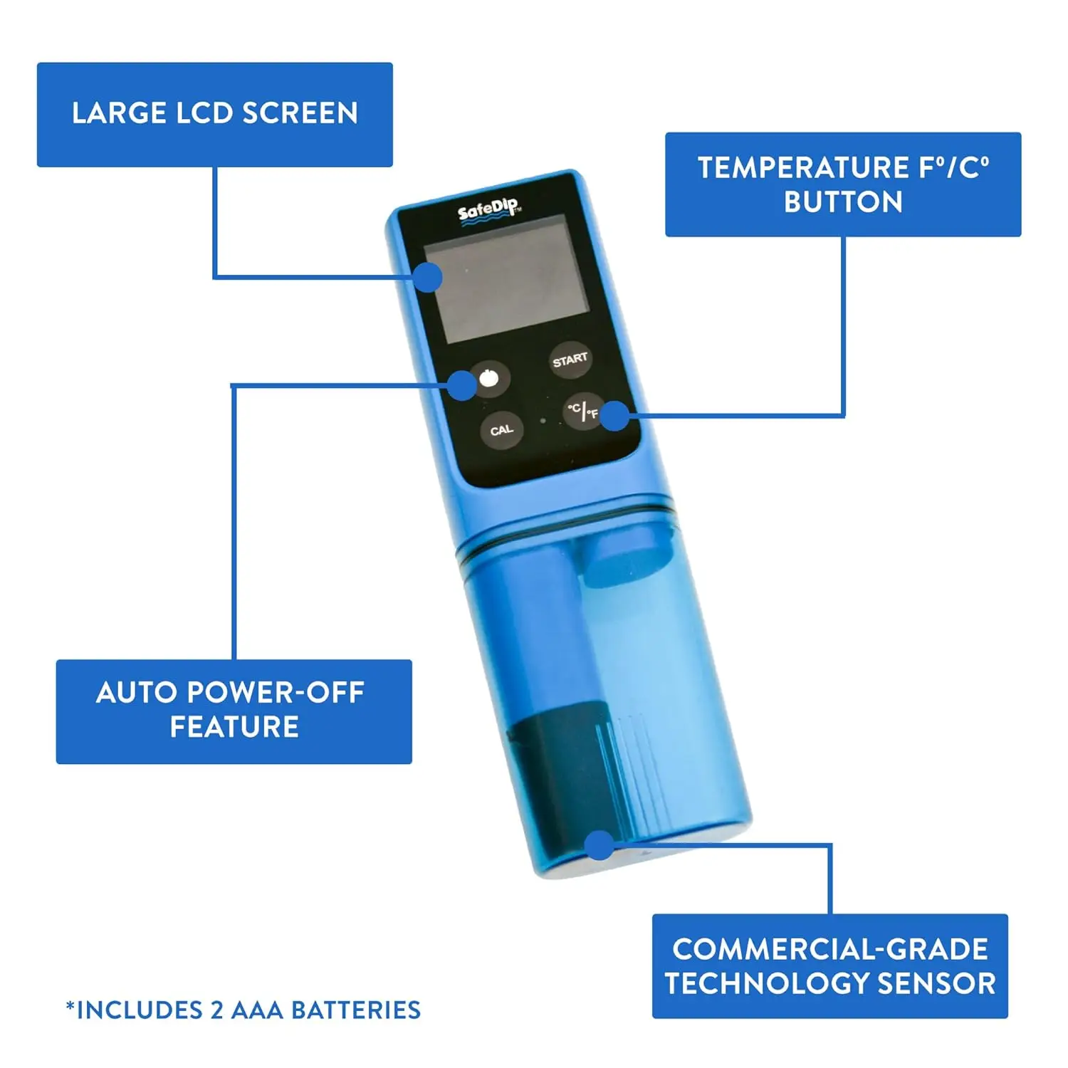 Solaxx MET01A SafeDip Digital Test Meter for pH, Chlorine, Salt and Temperature Blue