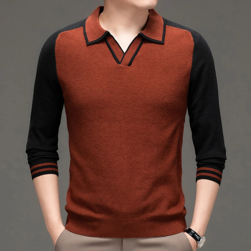 Long Sleeve Business Casual Polo Collar Knitwear, Daily Wear, Breathable and Warm, Color Matching Fashion Woolen Sweater