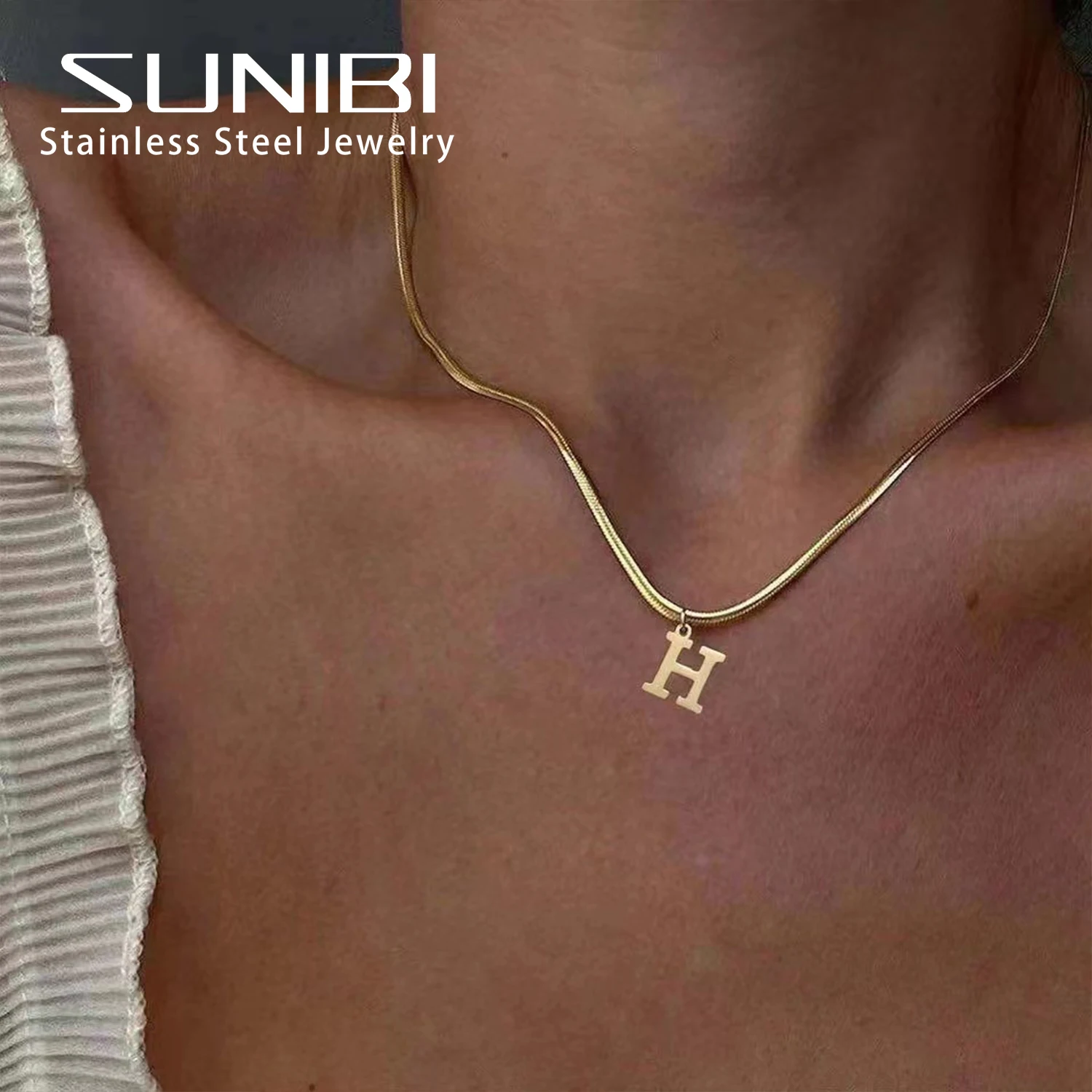 A-Z Alphabet Gold Color Stainless Steel Pendant Necklace for Women Snake Chain Initial Letter Clavicle Necklaces Collar Jewelry