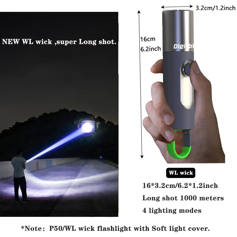 Linterna LED recargable por USB de alto lúmenes con zoom, luz lateral COB, reflector de 4 modos para acampar al aire libre