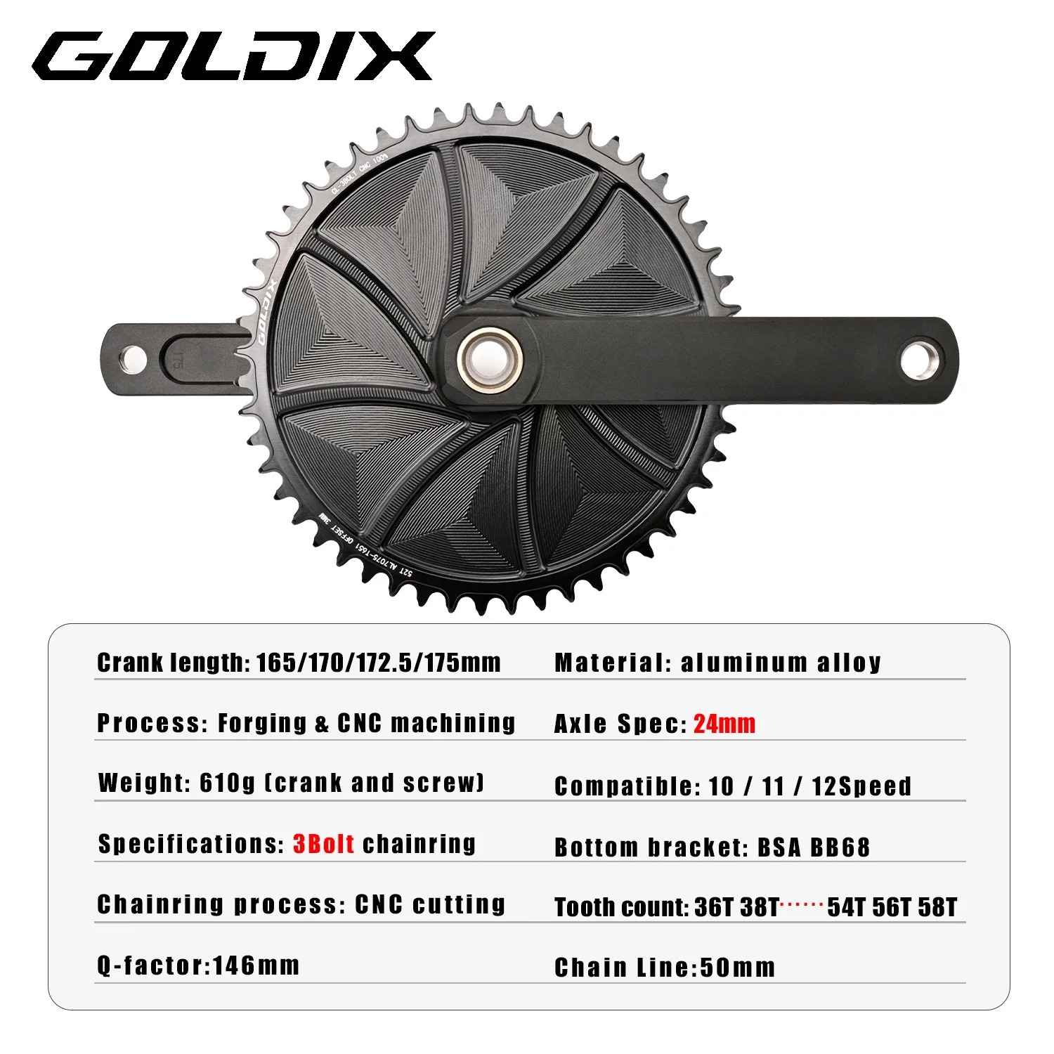 GOLDIX Road Bike Crankset 165/170/172.5/175mm Forged Aluminum Alloy 3-Bolt Direct Mount Narrow Wide Chainring Bicycle Crank Set