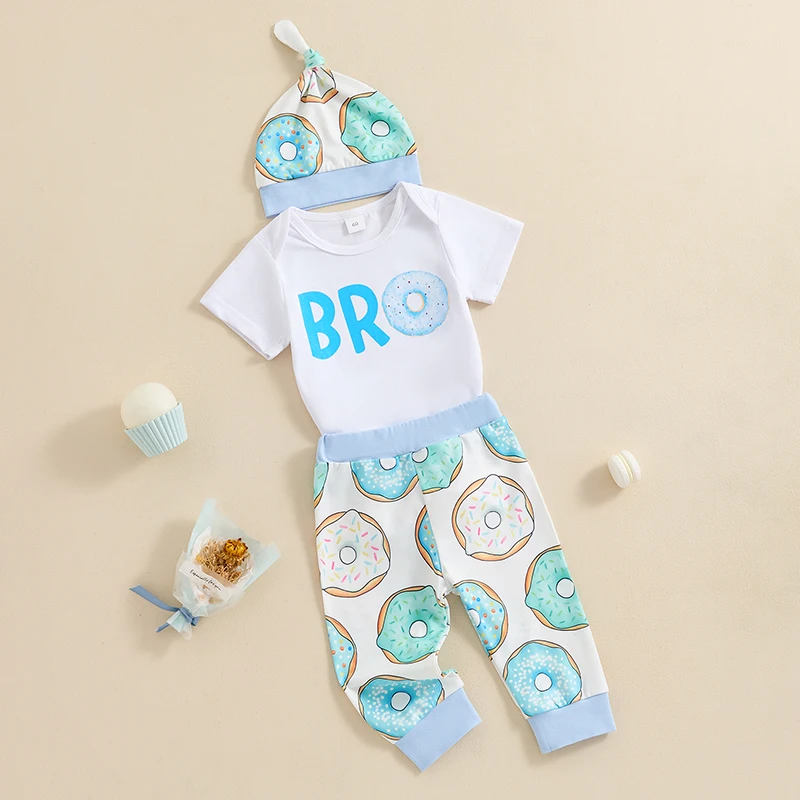 

Baby Boy Summer Outfit Bro Print Short Sleeve Romper Donut Print Pants Beanies Hat Set Newborn 3 Pieces Clothes