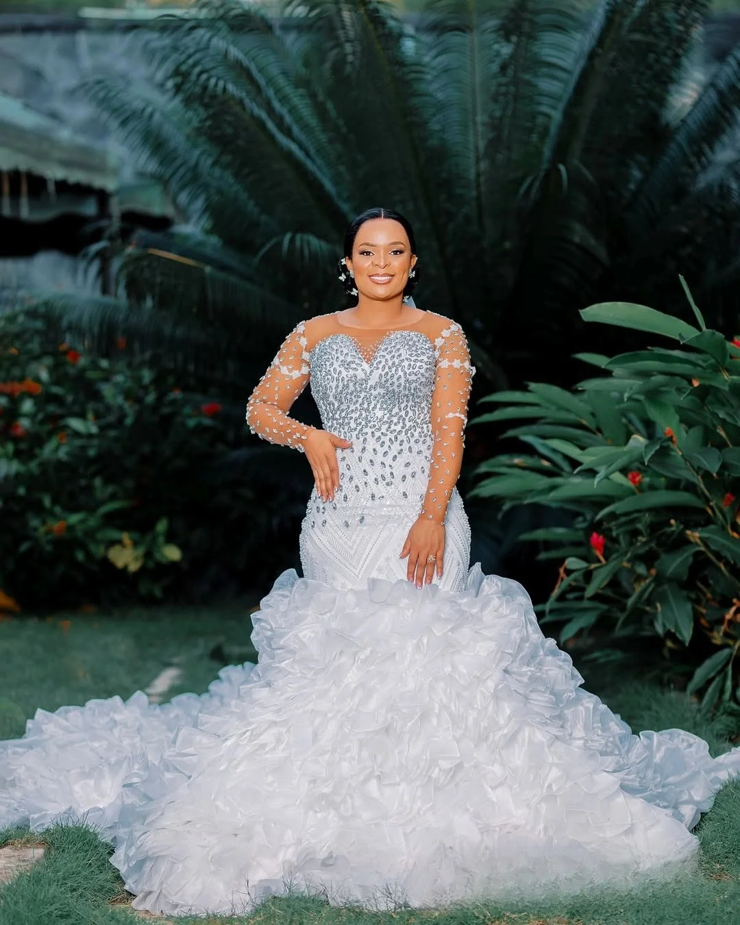 Customized  Sheer Neck Sparkly  Crystals Beads Wedding Dress Vestido De Casamento Mermaid Organza Cascading Ruffles Bridal Gown