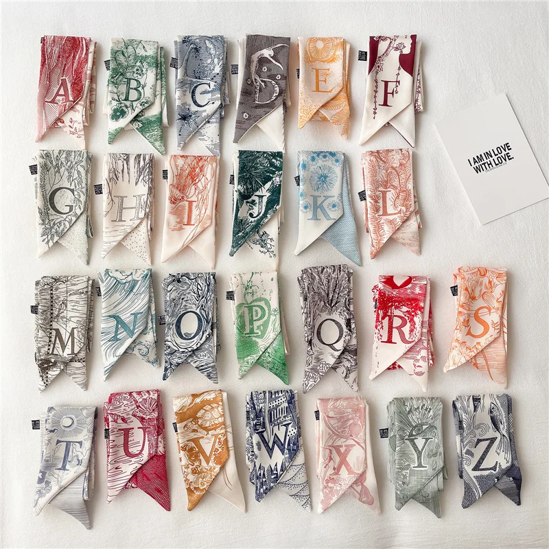 100*6cm Narrow Silk Small Scarf 26 Initials Letters Luxury Bag Scarf Bandana Hair Tie For Women Print Hijab Neckerchief Headband