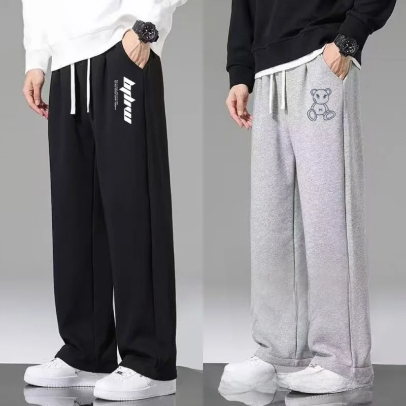 

Trendy Men's Loose Straight Leg Pants Thin Waist Rope Neutral Sle Casual Pants All-Match Letter Print Spring Autumn