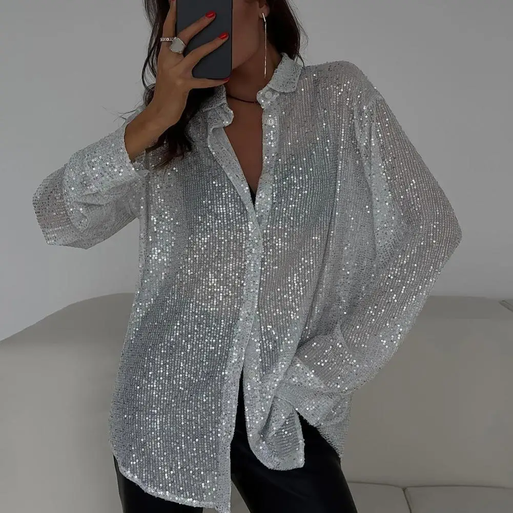 

Women Sequined Shirt 2025 Spring Fashion Shiny Blouse Chic Female Turndown Collar Long Sleeves Shirt Elegant Lady Sequin Blouse