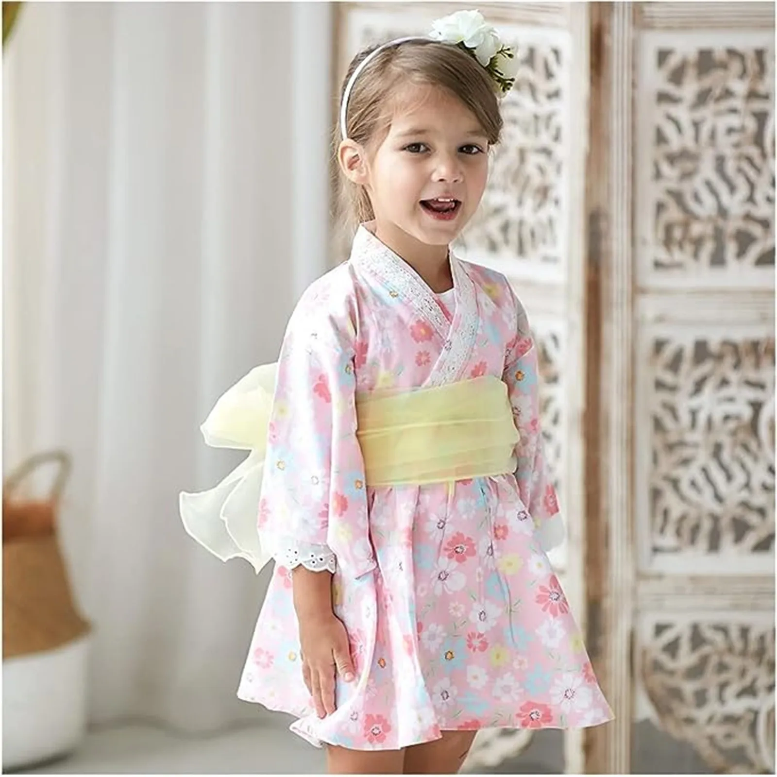 Baby Girl Rompers Japanese Style Kawaii Girls Floral Print Kimono Dress for Kids Costume Infant Yukata Asian Kimono Clothing