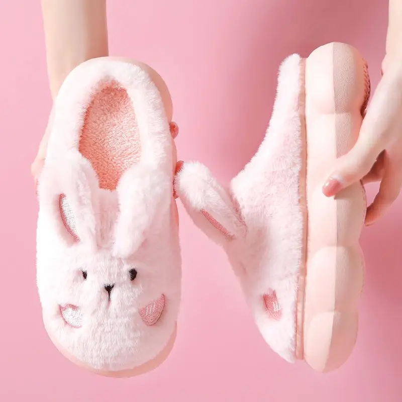 White Rabbit Ear Fluffy Slippers Women Winter Shoes Ladies Platform High Heel Slipper Girls Height Increasing Indoor Furry Shoes