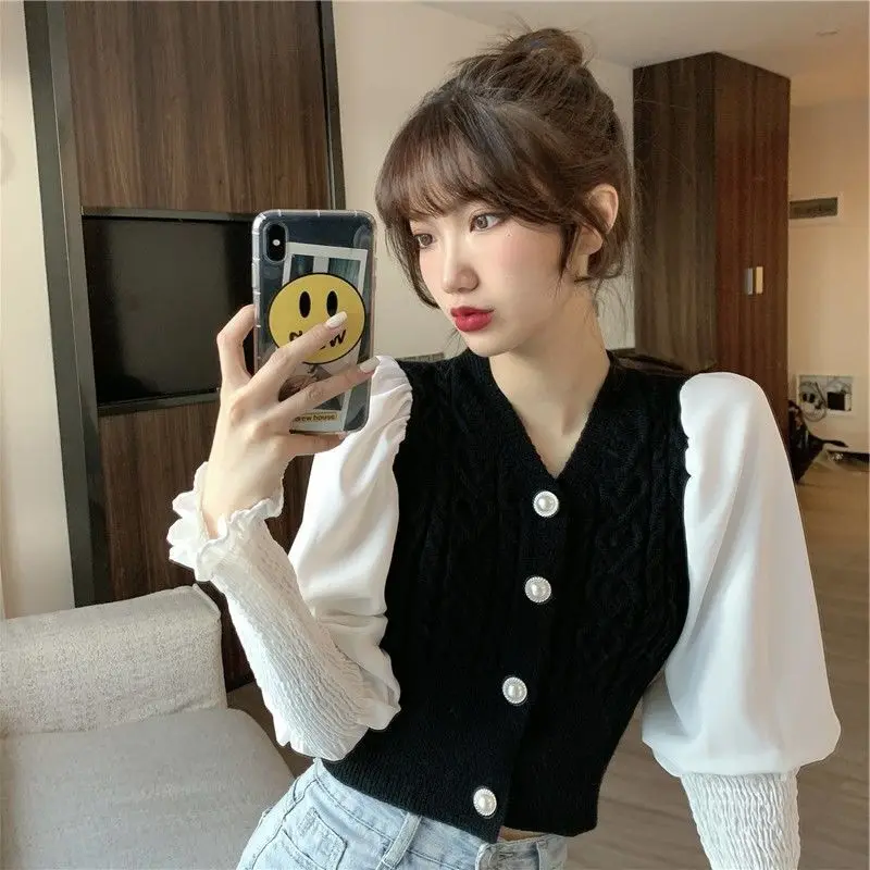 New Trend Sexy Autumn All-match Fashion Puff Sleeve Puff Sleeve Knitting Coat Female Fashionable Buttons Patchwork Trend Top Tee