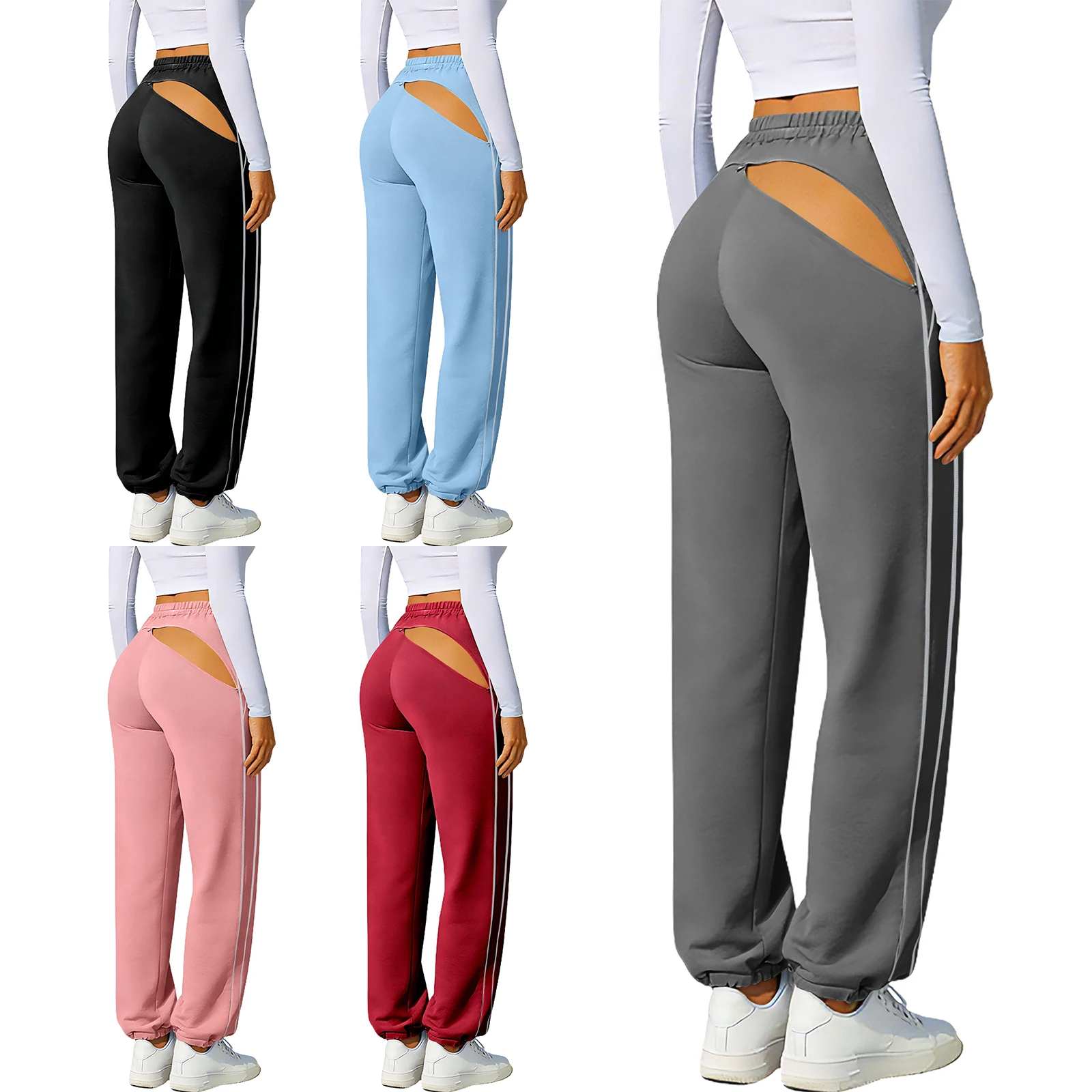 Womens Sports Pants Back Invisible Zipper Wide-Leg Pants Loungewear Elastic Waistband Drawstring Leg Opening Running Sweatpants