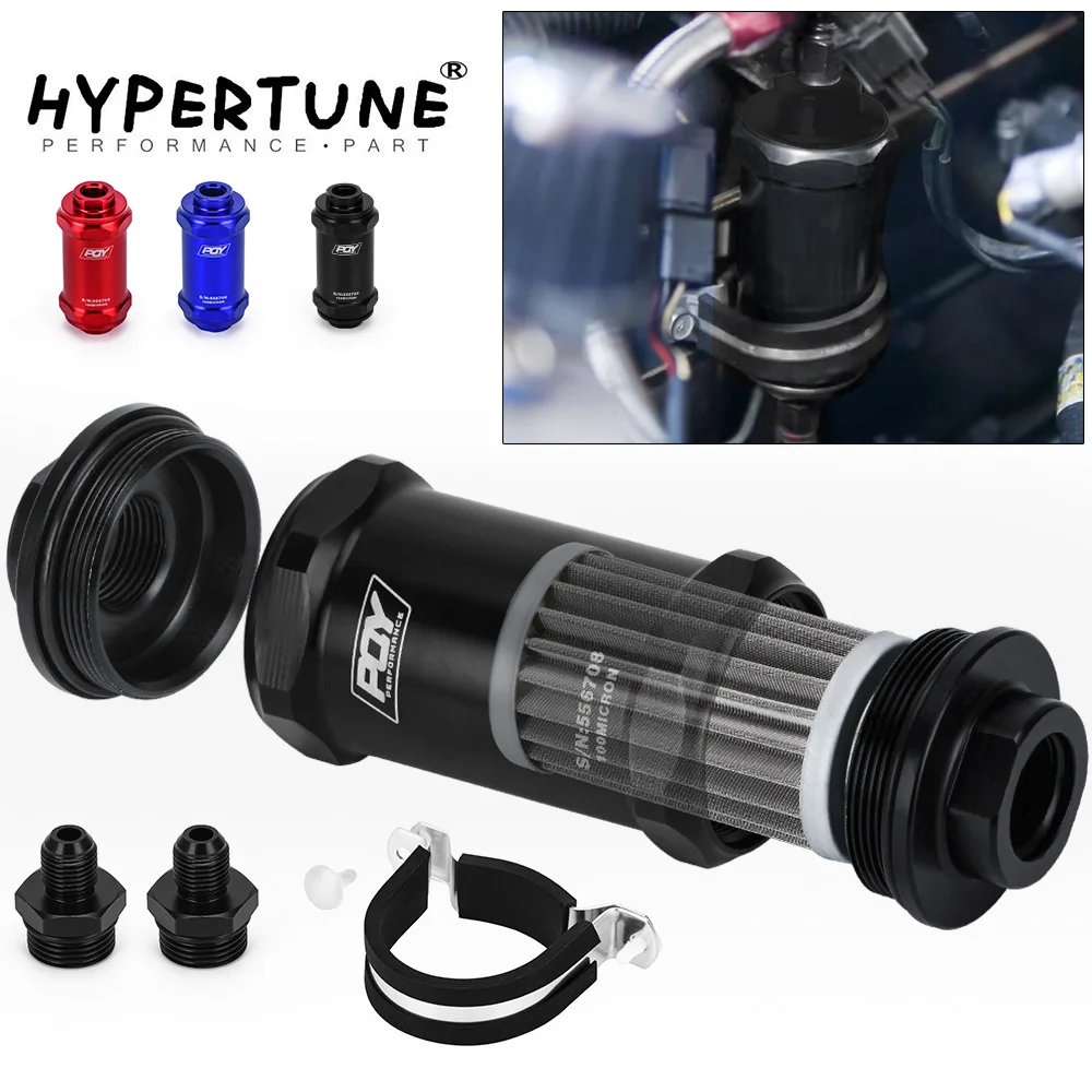 Hypertune - AN6 / AN8 / AN10 Inline PQY filtr paliwa E85 etanol z 100 mikronowym elementem ze stali nierdzewnej i naklejką PQY