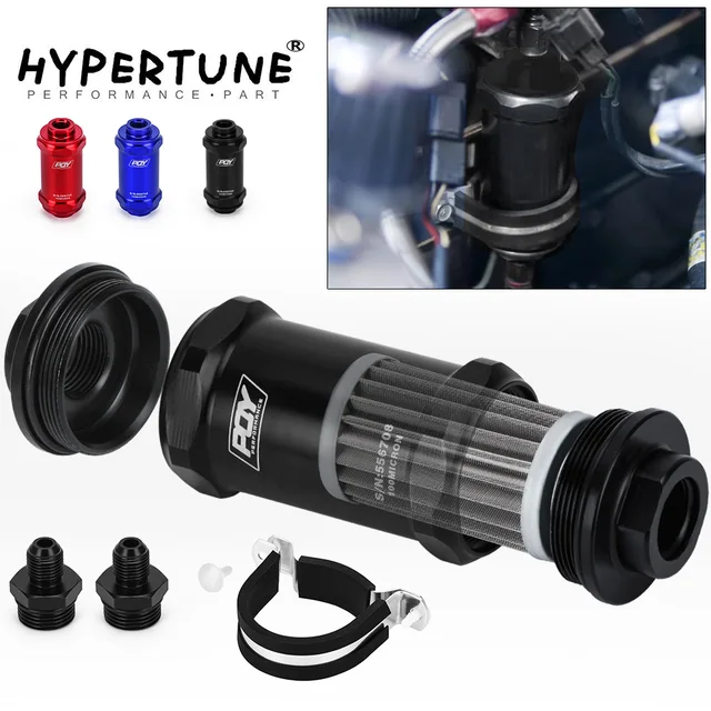 Hypertune - AN6 / AN8 / AN10 Inline PQY filtr paliwa E85 etanol z 100 mikronowym elementem ze stali nierdzewnej i naklejką PQY