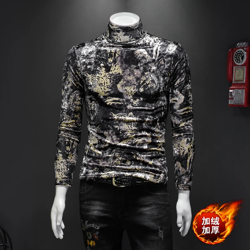 Animal Print Vintage Casual T Shirt For Men Long Sleeve Slim Fit Winter Top Quality Velvet Smooth Turtleneck Easy Care Camisetas