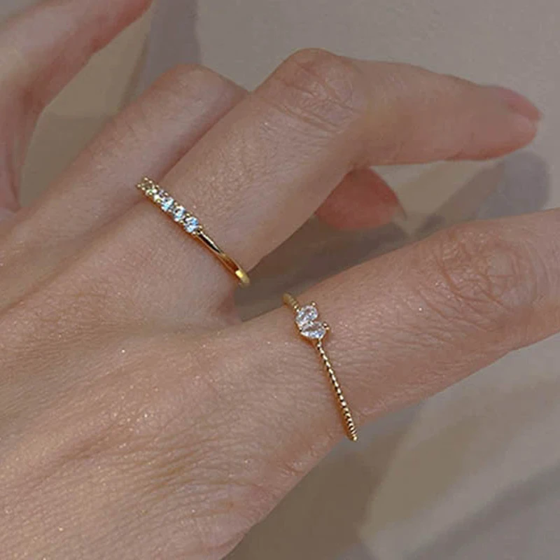 Fashion 2pcs/set Crystal Heart Rings for Women Golden Silver Color White Pin Rhinestones Open Ring Sweet Girls Finger Jewelry
