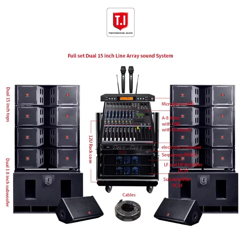 Dual 15 Inch Three-Way Line Array Speaker System, High Power Professional Audio Video Gear for Outdoor Concert Stage Shows