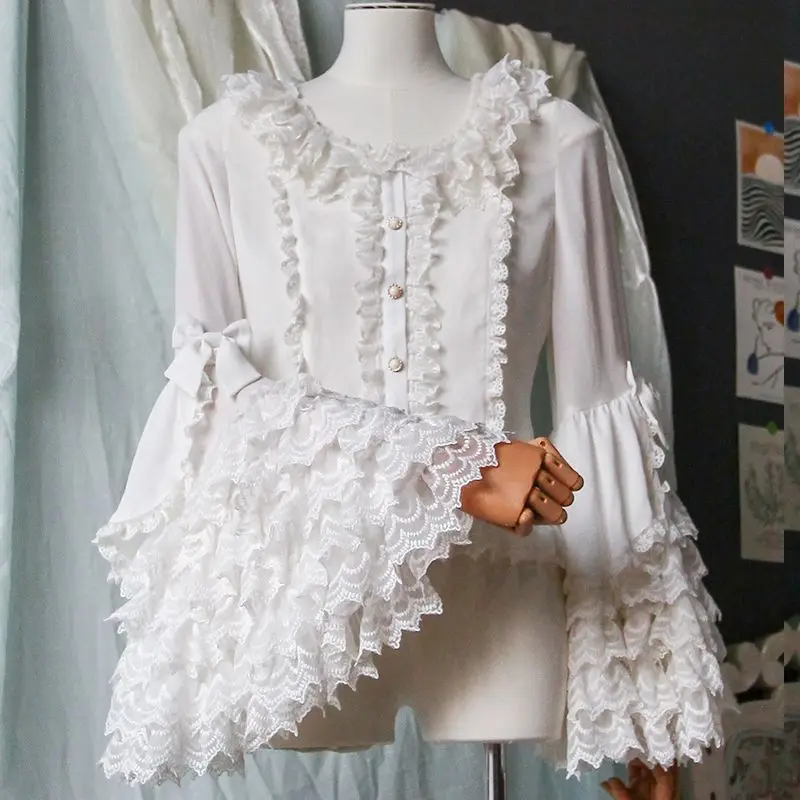 

Lolita Gothic Oversize Bell Long Sleeve Single-breasted Blouse Lace Trim Shirt Women's Vintage O-neck Chic Tops Fahion Outfit