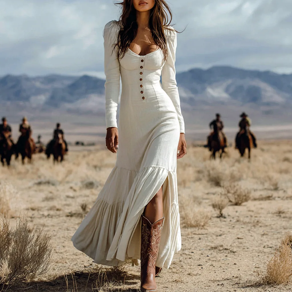 Vintage U Neck Button Pleated Long Dress Women Fashion Solid Split Bohemian Dress Spring Long Sleeve Slim Maxi Dress Vestidos