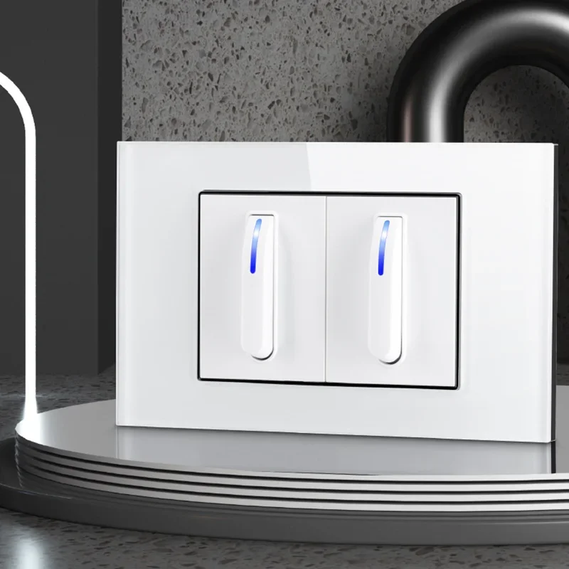 YINKA White Piano Keys Universal Wall Light Switch Tempered Glass Panel Push Button Switch LED Indicator AC110V-250V 118mm*72mm