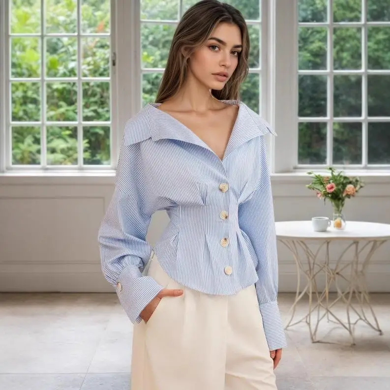 Ele Long Sve irt con pliegues Cintura Cinch Bubble Sve Cuello vuelto Rayado Faion Top versátil para mujer