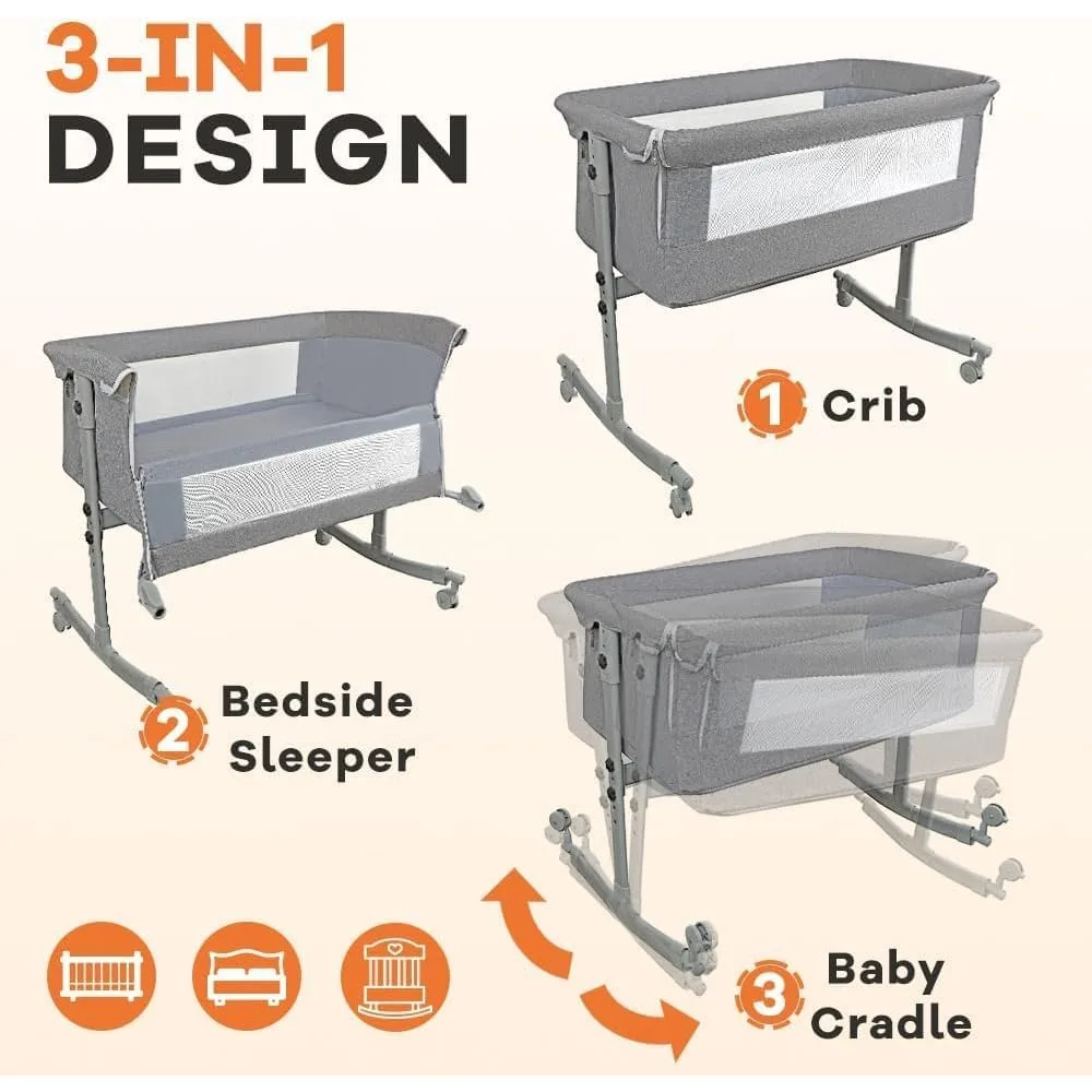 Culla da comodino per bambino, culla 3 in 1 con grande curvatura culla, comodino regolabile e mobile accanto alla culla