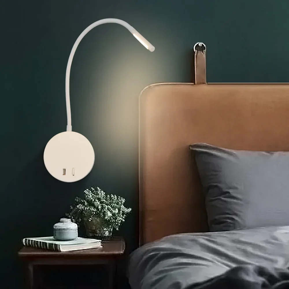 

Book Lamp With Switch Reading Light Hose Wall Mount USb Charger Bedaside Study Bed Bedroom Living Room Rotatable Flexible Sconce