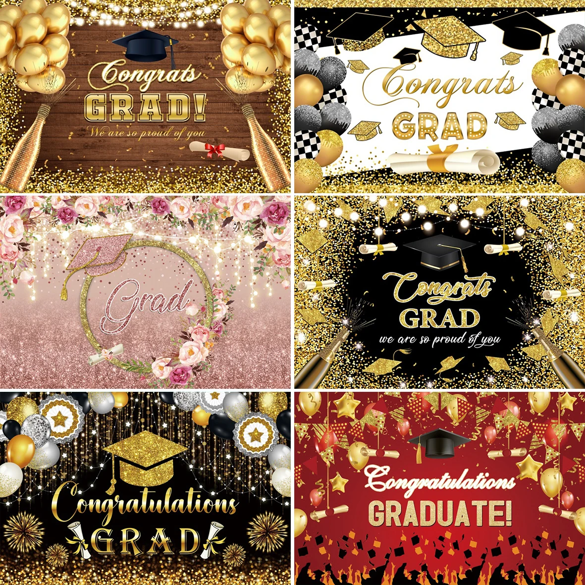 

Happy Graduation Backdrop Congrats Grad Party Black and Gold Glitter Balloons Congratulations Graduates Photography Background