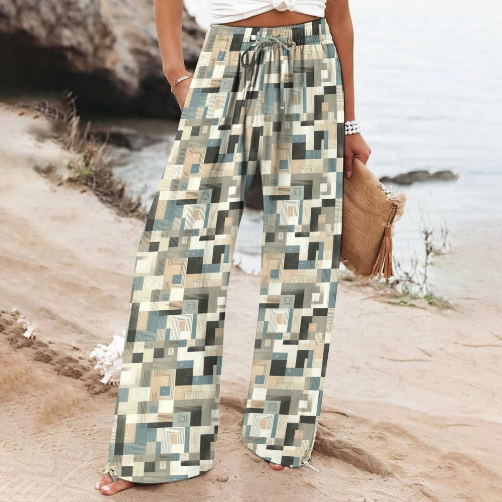 

Blue & White Geometric Print Drawstring Pants Beach Vibes Vacation Geometric Print Pants Women’s Boho Vibes Wide-Leg Print Pants