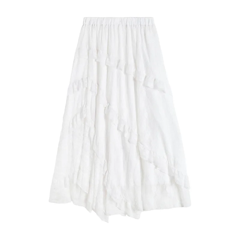 Long Skirts Women Cake Skirt A Line Lace Irregular Elastic Waist Streetwear Elegant Splice Y2k Work Elegant Simple Summer 2025