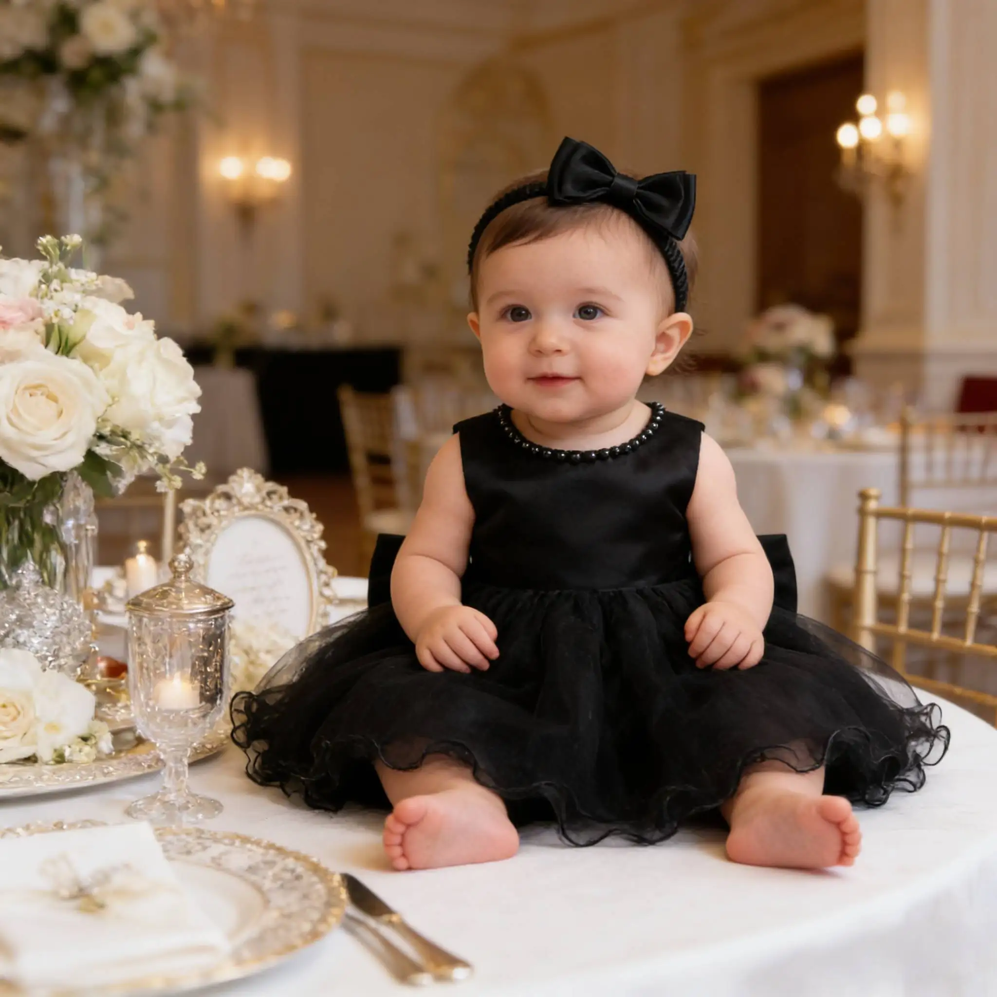 Elegant Infant Black Tulle Dress Baby Wedding Infant Baby Girl Lace Baby Tulle Dress Flowers Festival Clothes with Headband