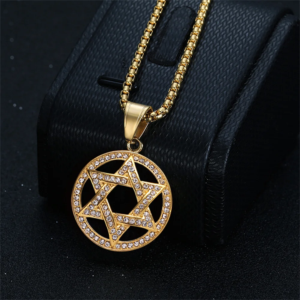 Jewish Iced Out Star of David Pendant Gold Color Stainless Steel Hexagram Necklace for Women Men Judaism Jewelry Birthday Gift