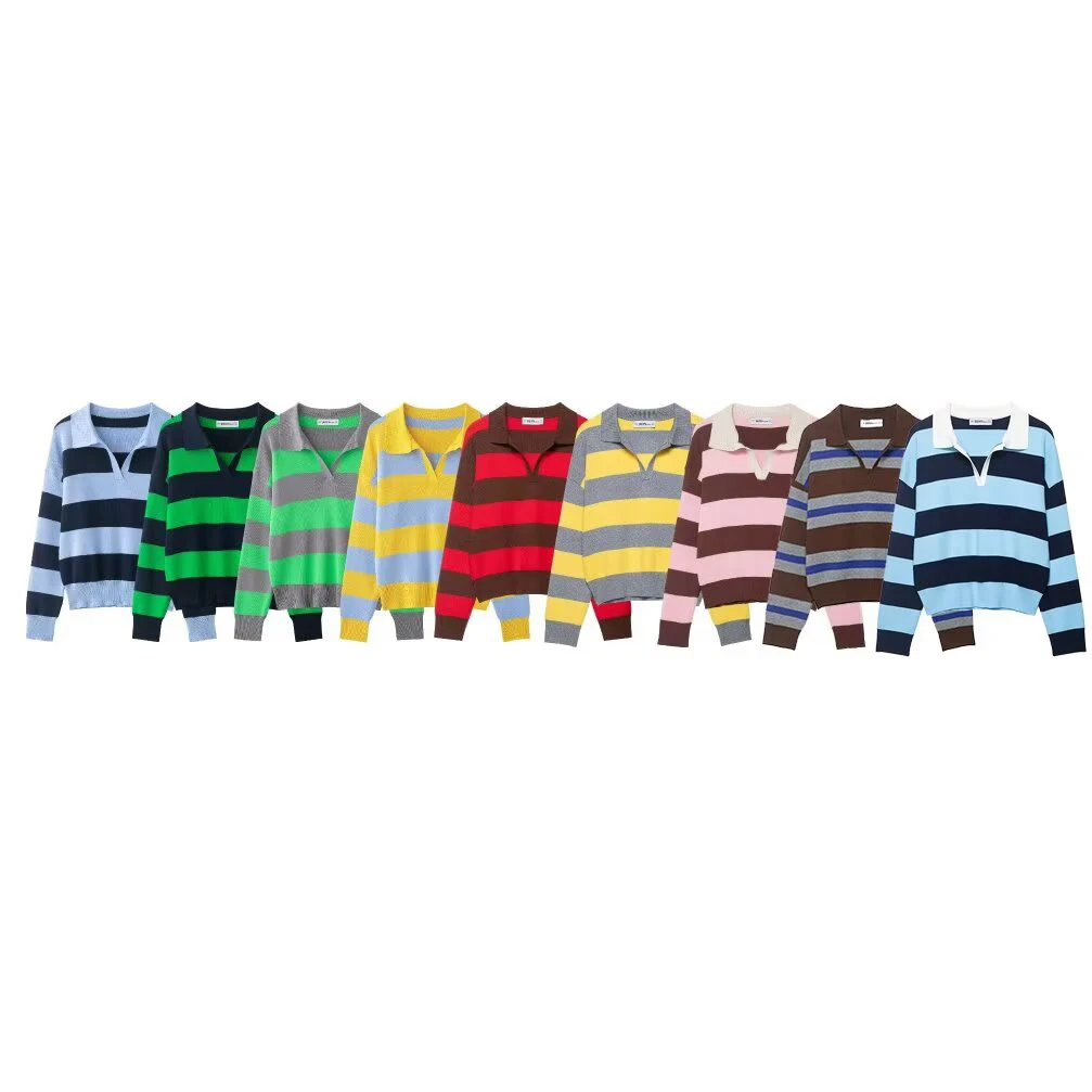 2025 herbst Neue frauen Kleidung Süße Mode Akademie Lose POLO Kragen Gestreiften Gestrickte Pullover
