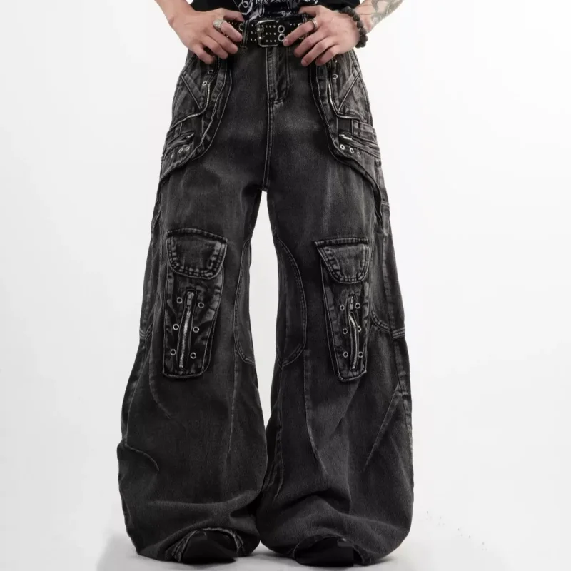 

American Style Street Fashion High Quality Pocket Cargo Jeans Unisex Knife Pants Splicing Zippers Design Full Length Pants