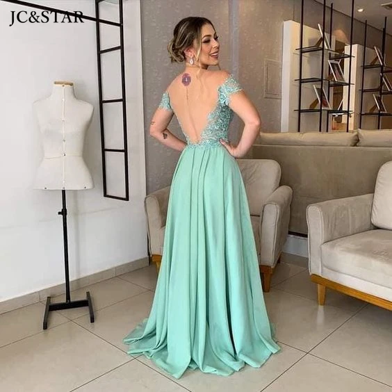 Mint green bridesmaid dresses lace appliqué sexy V neckOff the Shoulder robe femme mariage invité Backless vestidos de gala new