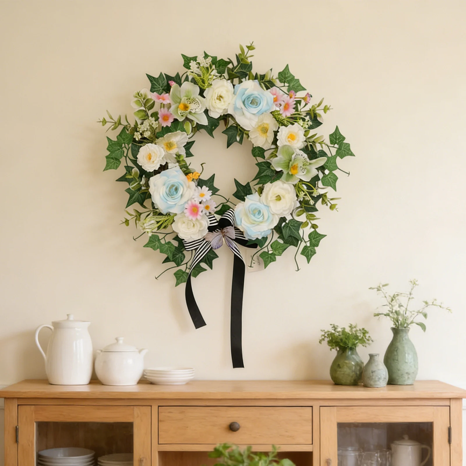 

3D Round Rose and Green Plant Artificial Flower Wreath, Wedding Welcome Sign Decor Hang Flowers Wreath, Wedding Wreath Decor