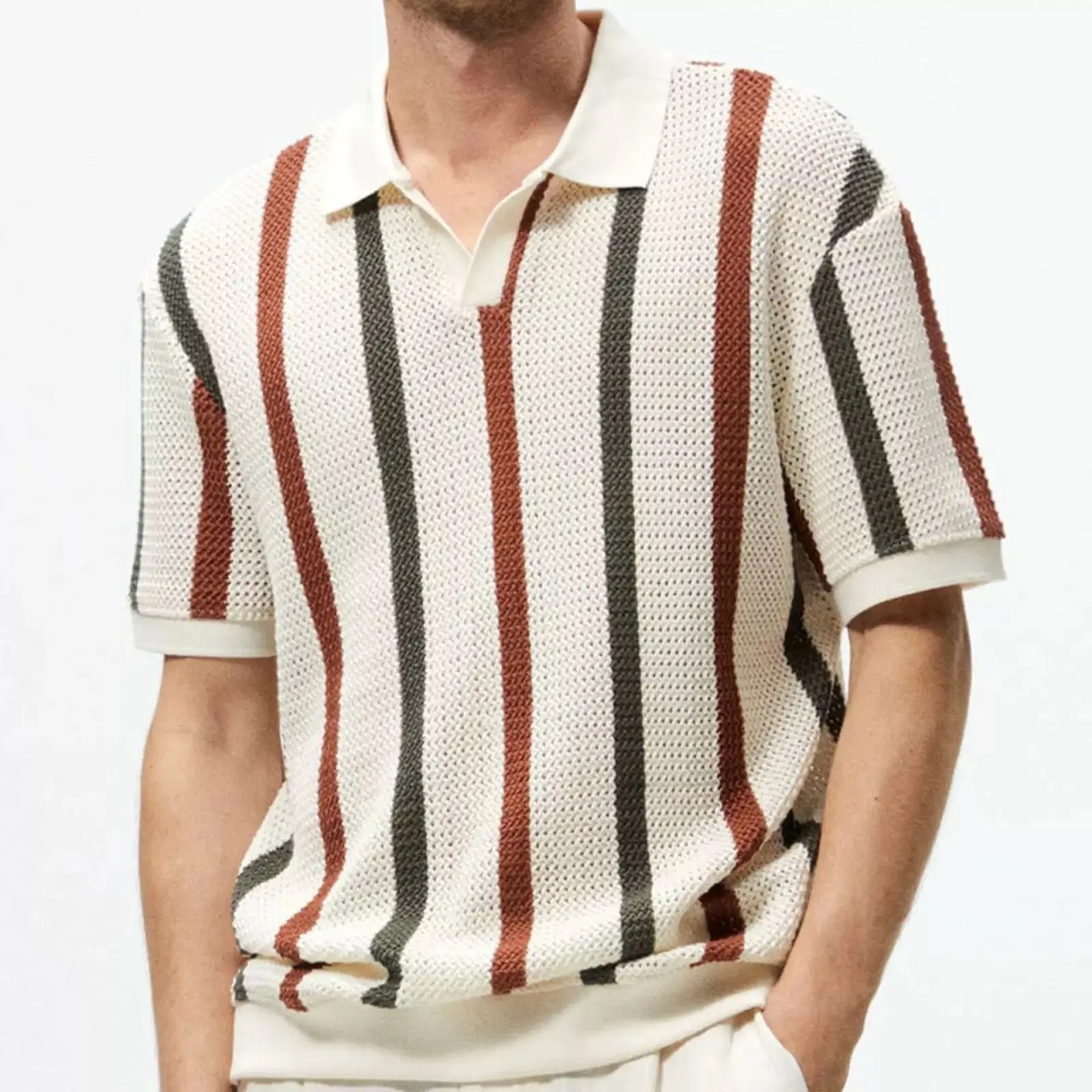 

Summer new men's Cuban collar striped contrasting color lapel short-sleeved Korean version knitted casual top