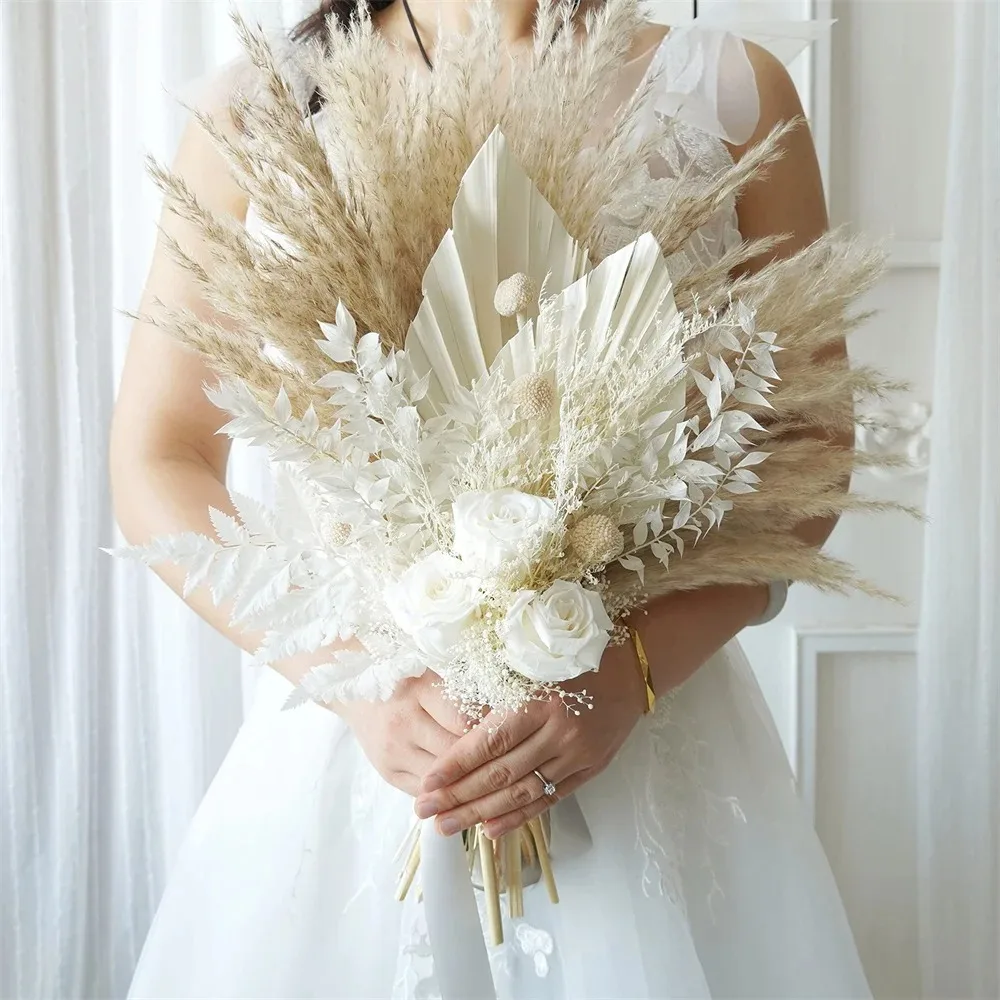 

White Bridesmaid Bridal Holding Flowers Bouquet Natural Dried Pampas Artificial Rose Boho Wedding Bouquet with Silk Satin Ribbon