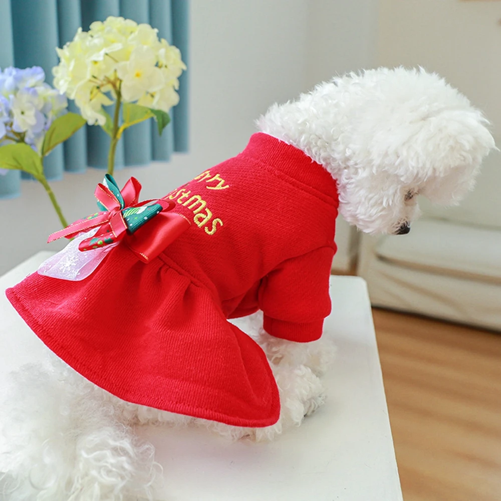 Christmas Dog Princess Dress Autumn Winter Warm Fleece Skirt Christmas Elements Bow Tie Dress Up Small Dog Cosplay Costume