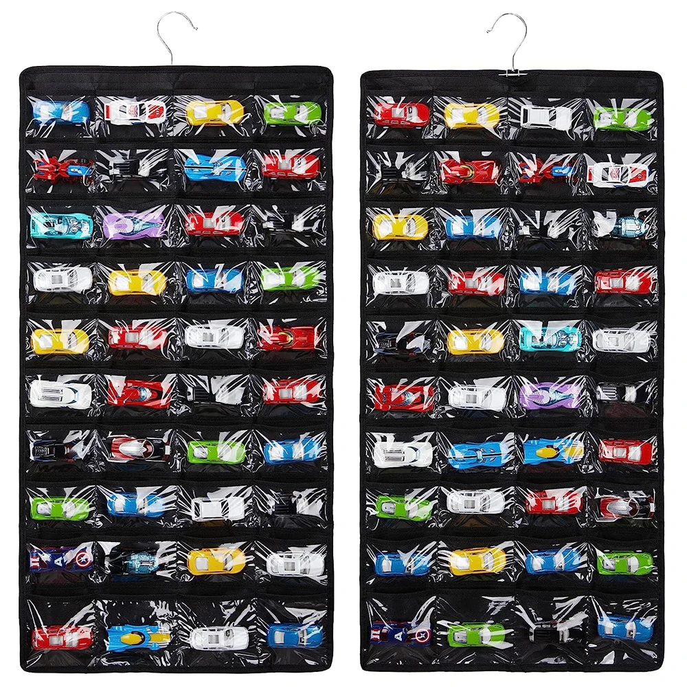 Hot Wheels Organizers Double Sided 80 PVC Pockets Display Case Toy Matchbox Cars Storage Hanging Wall Door Wardrobe Mounted Bags