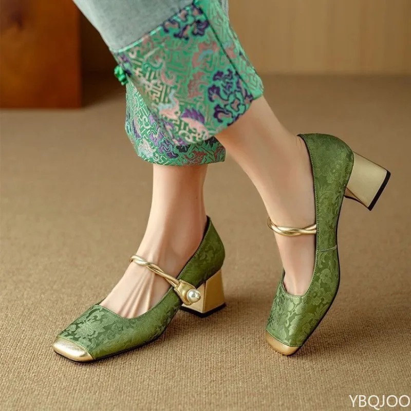 

Spring summer women's color blocked square toe pearl coarse single shoes are simple comfortable versatile elegant women's shoes