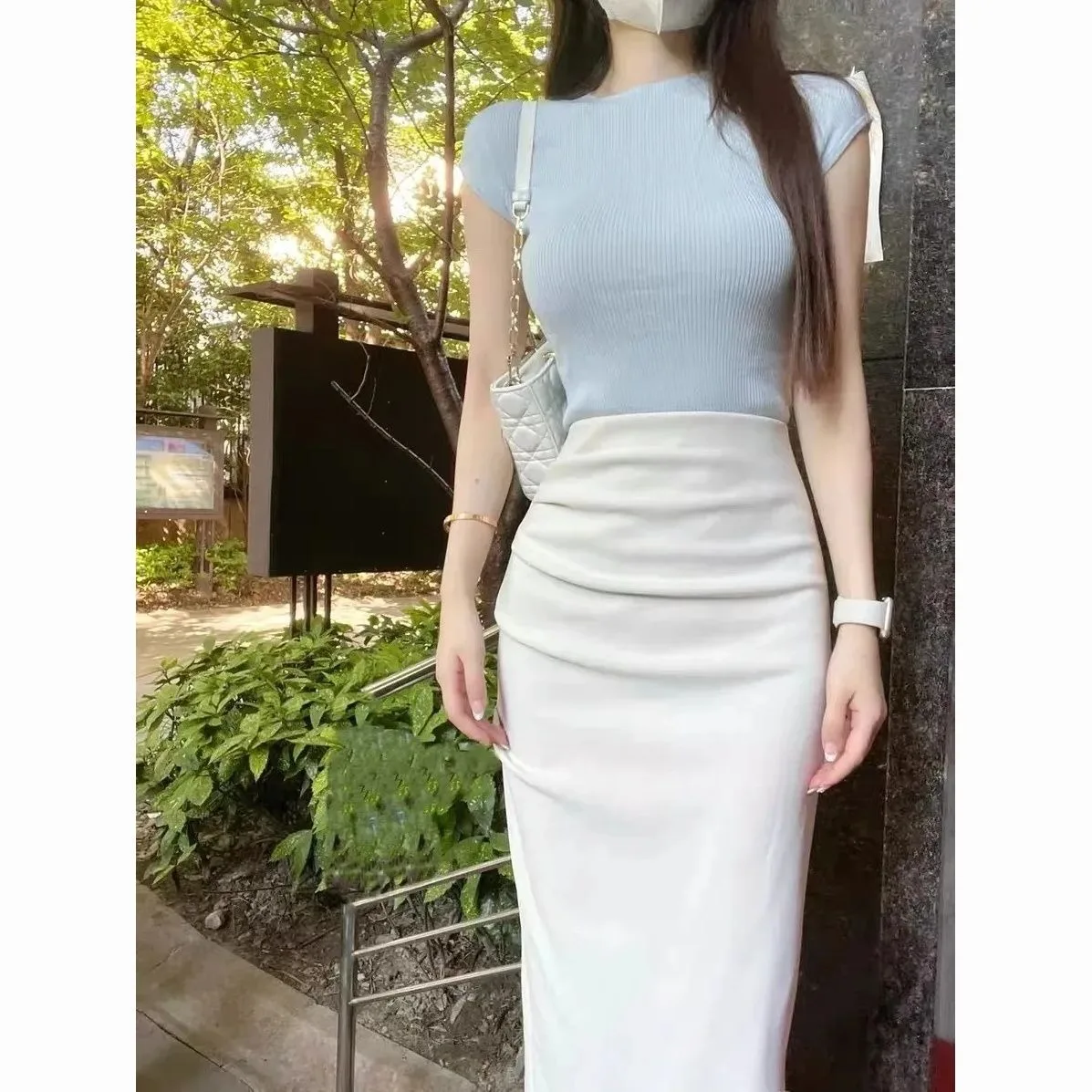 High End Summer Two-piece Skirt Set Blue T Shirt Simple High Waisted Hip Skirt Vintage Women\'s Clothing Office Lady