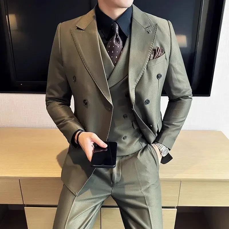 Double Breasted Full Men\'s Suits and Blazers Solid Color 2 Piece Outfit Set Male Youth Casual Gentleman Trends Costumes Elegant