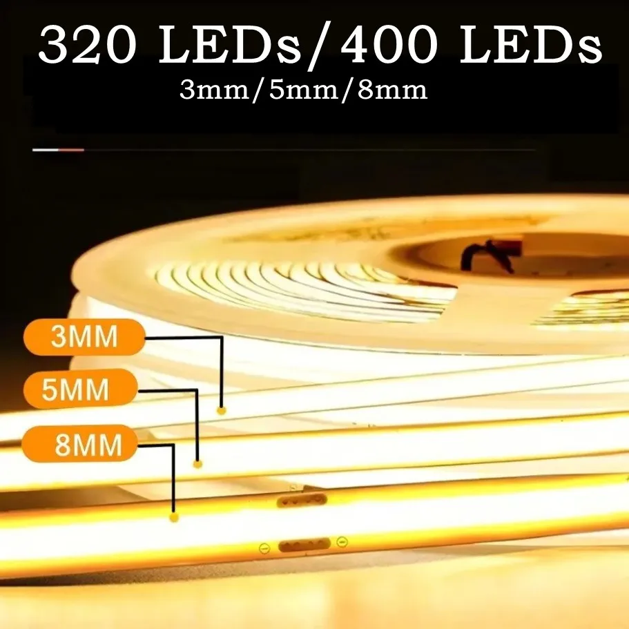 3mm/5mm/8mm DC5V High Density COB Light Strip 320 400LEDs Flexible COB LED Tape Light Bar Dimmable TV Kitchen Bedroom Decoration