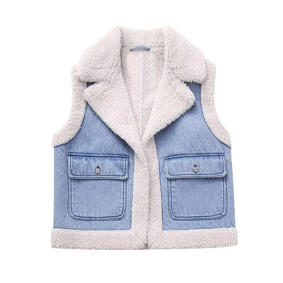 

New Women Fashion Turn Down Collar Lamb Patchwork Washed Denim Vest Jacket Autumn Female Sleeveless Pockets WaistCoat Tops