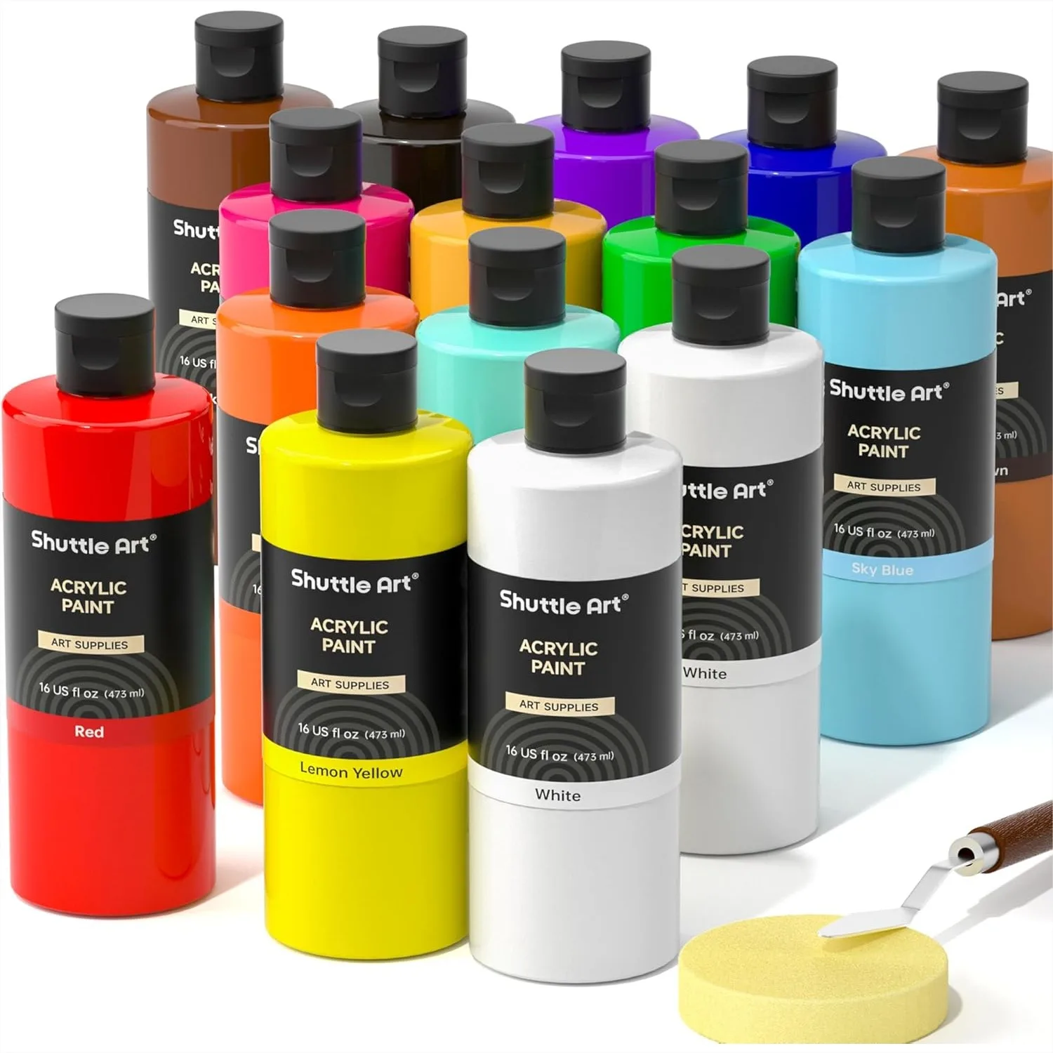 

15-Color Acrylic Paint Set, 473ml/16oz Each, Large Bottles with Rich Pigments for Canvas, Wood, Ceramic & More