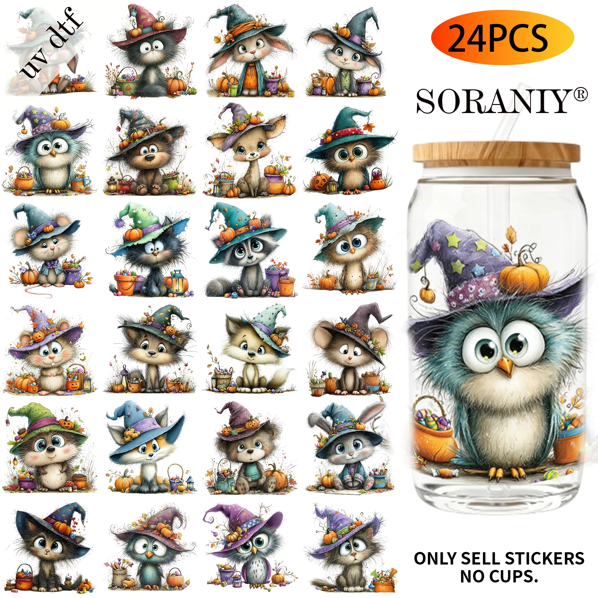 UV DTF Transfer Stickers - 24 Sheets/Set Cute Halloween Little Animals Theme UV DTF 16OZ DIY Transfer Stickers