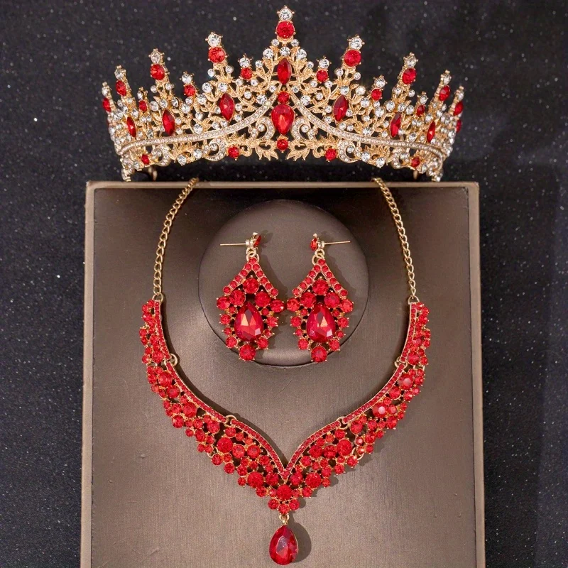 اللون الأحمر كريستال مجوهرات الزفاف مجموعات حجر الراين التيجان تاج قلادة طقم من الحلقان للنساء العروس مجوهرات الزفاف مجموعة التاج