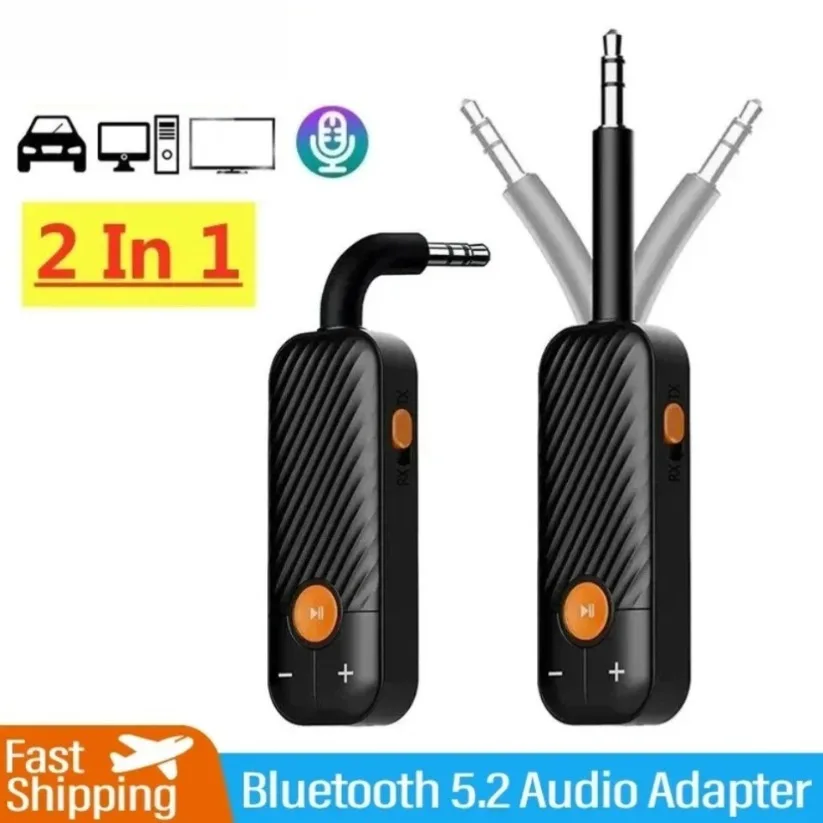 Wireless Bluetooth 5.2 Stereo Music Adapter Receiver Transmitter 3.5MM AUX Port with Mic For PC TV Car Speakers Headphones